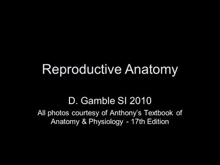 Reproductive Anatomy D. Gamble SI 2010 All photos courtesy of Anthony’s Textbook of Anatomy & Physiology - 17th Edition.