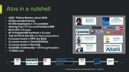 Atos in a nutshell CEO: Thierry Breton, since 2009 $12bn annual revenue 95 000 employees in 72 countries Among Top 7 IT Service Providers WW #2 in ITO.