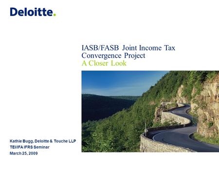 IASB/FASB Joint Income Tax Convergence Project A Closer Look Kathie Bugg, Deloitte & Touche LLP TEI/IFA IFRS Seminar March 25, 2009.