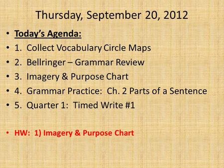 Thursday, September 20, 2012 Today’s Agenda: 1. Collect Vocabulary Circle Maps 2. Bellringer – Grammar Review 3. Imagery & Purpose Chart 4. Grammar Practice: