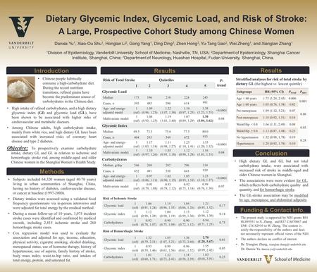 Dietary Glycemic Index, Glycemic Load, and Risk of Stroke: A Large, Prospective Cohort Study among Chinese Women Danxia Yu 1, Xiao-Ou Shu 1, Honglan Li.