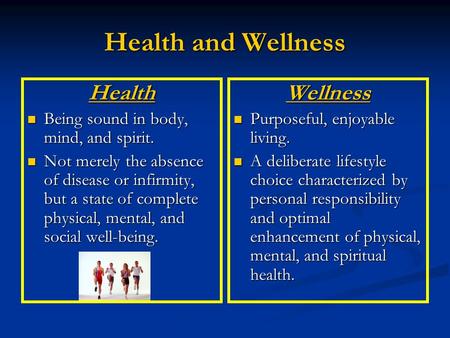 Health and Wellness Health Being sound in body, mind, and spirit. Being sound in body, mind, and spirit. Not merely the absence of disease or infirmity,