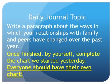 Daily Journal Topic Write a paragraph about the ways in which your relationships with family and peers have changed over the past year. Once finished,