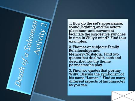 Death of a Salesman Activity 2 1. How do the set’s appearance, sound, lighting, and the actors’ placement and movement facilitate the suggestive switches.