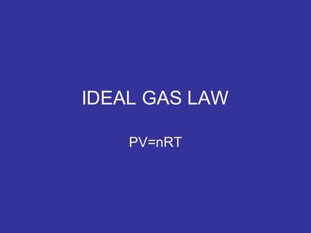 IDEAL GAS LAW PV=nRT. IDEAL GAS LAW P=pressure (in kPa or atm only!) V= volume in Liters n = number of moles R= Ideal Gas Law Constant T= Temperature.