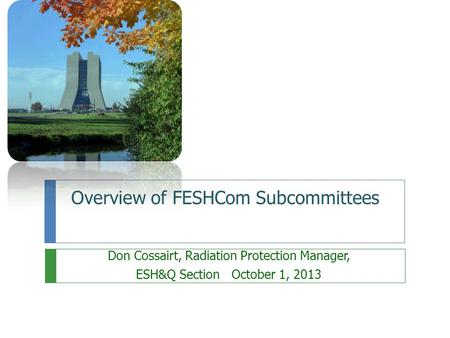 Overview of FESHCom Subcommittees Don Cossairt, Radiation Protection Manager, ESH&Q Section October 1, 2013.