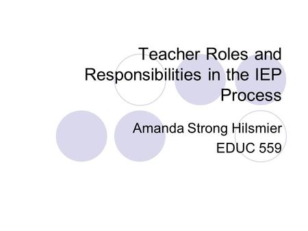 Teacher Roles and Responsibilities in the IEP Process Amanda Strong Hilsmier EDUC 559.