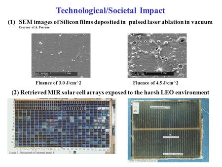 Technological/Societal Impact (1)SEM images of Silicon films deposited in pulsed laser ablation in vacuum Courtesy of A. Perrone Fluence of 3.0 J/cm^2.