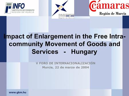 Impact of Enlargement in the Free Intra- community Movement of Goods and Services - Hungary V FORO DE INTERNACIONALIZACIÓN Murcia, 22 de marzo de 2004.