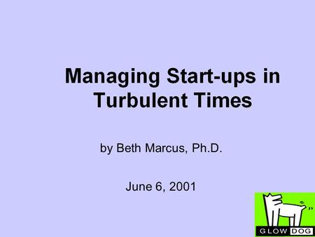 By Beth Marcus, Ph.D. June 6, 2001. Things are different in Turbulent Times Don’t try to learn on your own nickel Being CEO is not the objective Building.