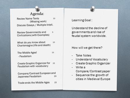 Agenda: Review Name Tents 10 (Missing work) Discuss Essays / Multiple Intell. Review Governments and 5 Civilizations (with Examples) What do you know about.