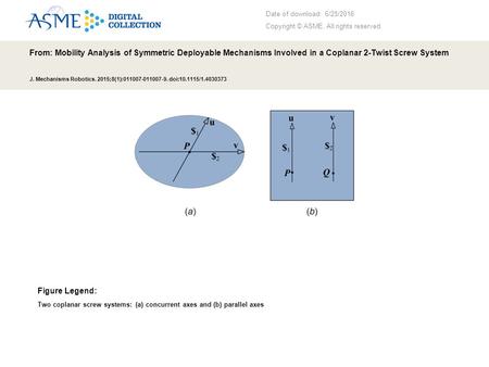 Date of download: 6/25/2016 Copyright © ASME. All rights reserved. From: Mobility Analysis of Symmetric Deployable Mechanisms Involved in a Coplanar 2-Twist.