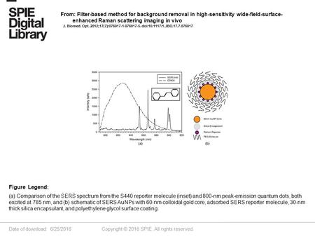 Date of download: 6/25/2016 Copyright © 2016 SPIE. All rights reserved. (a) Comparison of the SERS spectrum from the S440 reporter molecule (inset) and.