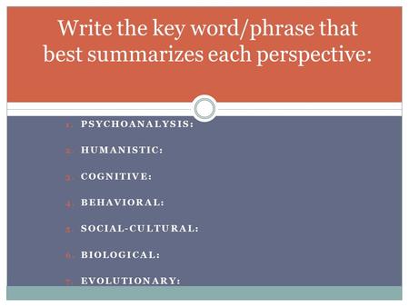 1. PSYCHOANALYSIS: 2. HUMANISTIC: 3. COGNITIVE: 4. BEHAVIORAL: 5. SOCIAL-CULTURAL: 6. BIOLOGICAL: 7. EVOLUTIONARY: Write the key word/phrase that best.