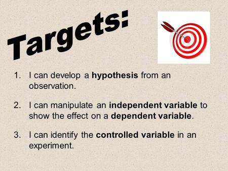 1.I can develop a hypothesis from an observation. 2.I can manipulate an independent variable to show the effect on a dependent variable. 3.I can identify.