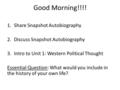 Good Morning!!!! 1.Share Snapshot Autobiography 2.Discuss Snapshot Autobiography 3.Intro to Unit 1: Western Political Thought Essential Question: What.