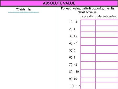 ABSOLUTE VALUE https://www.brainpop.com/math/numbersandoperations/absolutevalue/zoom.weml For each value, write it opposite, then its absolute value.