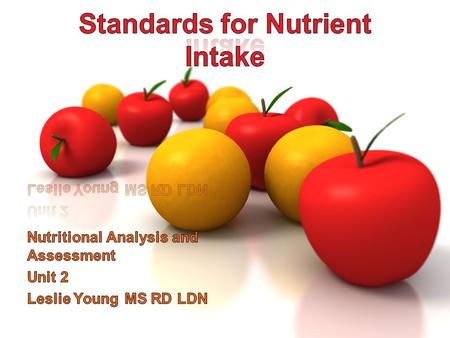 Your Dietary Standards Common standards for evaluating nutrient intake –Dietary Reference Intakes –Dietary Guidelines for Americans –Regulations governing.