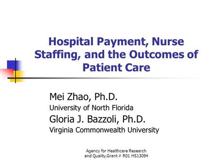 Agency for Healthcare Research and Quality,Grant # R01 HS13094 Hospital Payment, Nurse Staffing, and the Outcomes of Patient Care Mei Zhao, Ph.D. University.