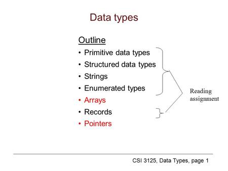 CSI 3125, Data Types, page 1 Data types Outline Primitive data types Structured data types Strings Enumerated types Arrays Records Pointers Reading assignment.