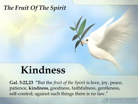 Kindness Gal. 5:22,23 “ But the fruit of the Spirit is love, joy, peace, patience, kindness, goodness, faithfulness, gentleness, self-control; against.