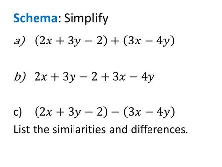 Schema: Simplify. Combining Like Terms & Distributive Property Needed review from last year.