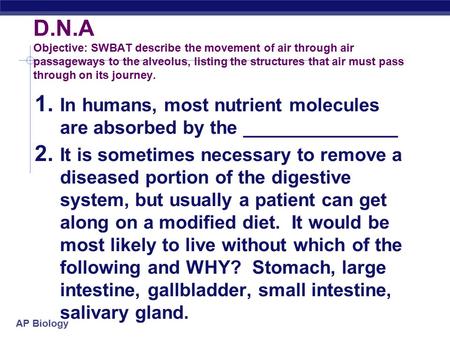 AP Biology D.N.A Objective: SWBAT describe the movement of air through air passageways to the alveolus, listing the structures that air must pass through.