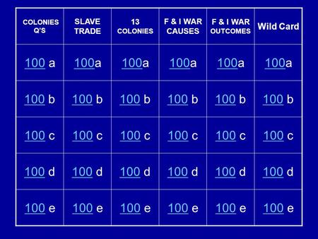 COLONIES Q’S SLAVE TRADE 13 COLONIES F & I WAR CAUSES F & I WAR OUTCOMES Wild Card 100100 a100100a100100a100100a100100a100100a 100100 b100100 b100100 b100100.