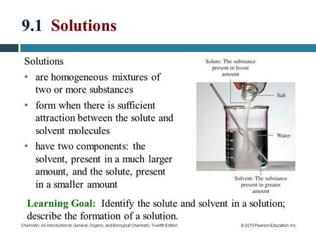 Chemistry: An Introduction to General, Organic, and Biological Chemistry, Twelfth Edition© 2015 Pearson Education, Inc. 9.1 Solutions Solutions are homogeneous.