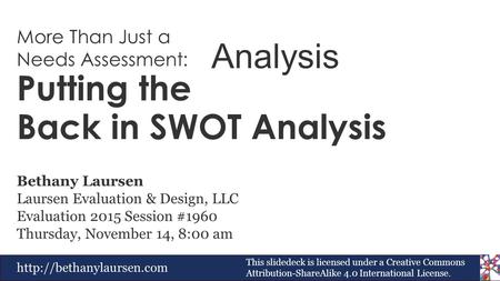 Putting the Back in SWOT Analysis Bethany Laursen Laursen Evaluation & Design, LLC Evaluation 2015 Session #1960 Thursday, November 14, 8:00 am