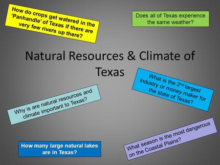 Natural Resources & Climate of Texas Does all of Texas experience the same weather? How do crops get watered in the ‘Panhandle’ of Texas if there are very.