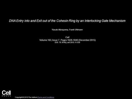 DNA Entry into and Exit out of the Cohesin Ring by an Interlocking Gate Mechanism Yasuto Murayama, Frank Uhlmann Cell Volume 163, Issue 7, Pages 1628-1640.