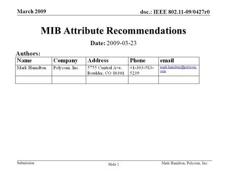 Doc.: IEEE 802.11-09/0427r0 Submission March 2009 Mark Hamilton, Polycom, Inc. Slide 1 MIB Attribute Recommendations Date: 2009-03-23 Authors: