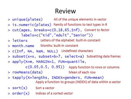 Review > unique(plates) > is.numeric(plates) > cut(ages, breaks=c(0,18,65,Inf), labels=c(Kid,Adult,Senior)) > letters > month.name > c(Inf, NA, NaN,