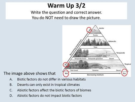 Warm Up 3/2 Write the question and correct answer. You do NOT need to draw the picture. The image above shows that A.Biotic factors do not differ in various.