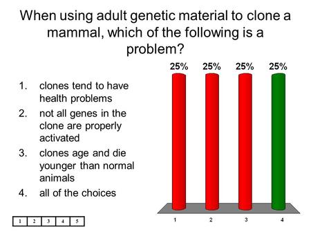 When using adult genetic material to clone a mammal, which of the following is a problem? 1.clones tend to have health problems 2.not all genes in the.