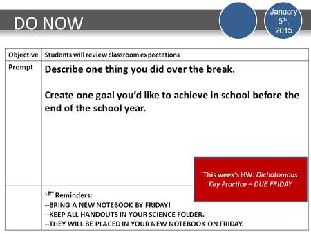 DO NOW ObjectiveStudents will review classroom expectations Prompt Describe one thing you did over the break. Create one goal you’d like to achieve in.