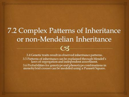 3.4 Genetic traits result in observed inheritance patterns. 3.5 Patterns of inheritance can be explained through Mendel’s laws of segregation and independent.