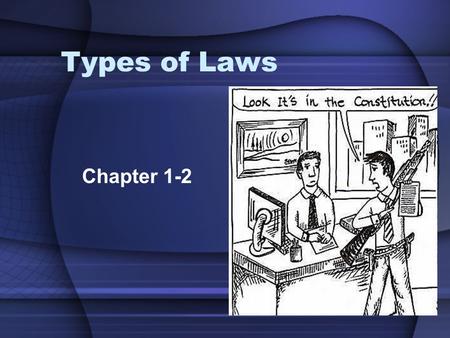 Types of Laws Chapter 1-2. Sources of Law What’s Your Verdict? (pg. 10) The federal constitution guarantees the citizens of the U.S. many rights. These.