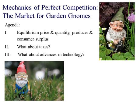 Mechanics of Perfect Competition: The Market for Garden Gnomes Agenda: I.Equilibrium price & quantity, producer & consumer surplus II.What about taxes?