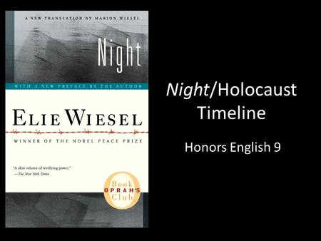 Night/Holocaust Timeline Honors English 9. 1928 On September 30, Elie Wiesel is born in Sighet (See-get), Transylvania, which is now a part of Romania.