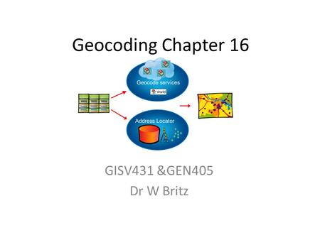 Geocoding Chapter 16 GISV431 &GEN405 Dr W Britz. Georeferencing, Transformations and Geocoding Georeferencing is the aligning of geographic data to a.