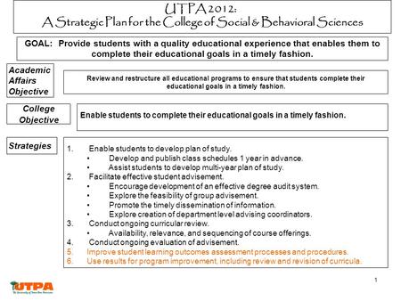 1 GOAL: Provide students with a quality educational experience that enables them to complete their educational goals in a timely fashion. Review and restructure.