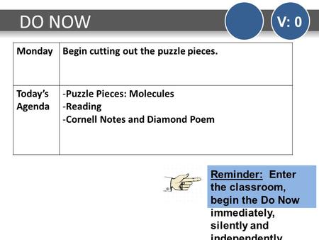 MondayBegin cutting out the puzzle pieces. Today’s Agenda -Puzzle Pieces: Molecules -Reading -Cornell Notes and Diamond Poem DO NOW Reminder: Enter the.