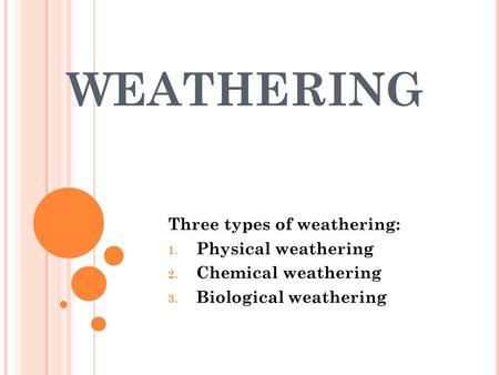 WEATHERING Three types of weathering: 1. Physical weathering 2. Chemical weathering 3. Biological weathering.