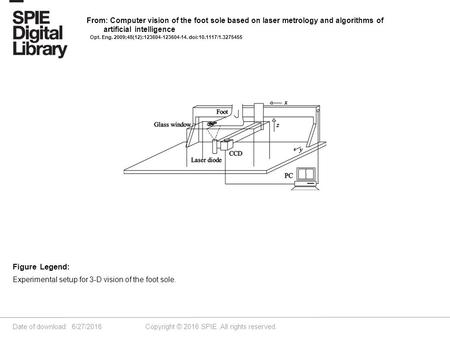 Date of download: 6/27/2016 Copyright © 2016 SPIE. All rights reserved. Experimental setup for 3-D vision of the foot sole. Figure Legend: From: Computer.