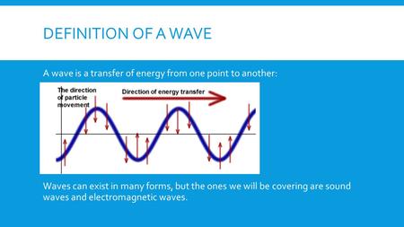 DEFINITION OF A WAVE A wave is a transfer of energy from one point to another: Waves can exist in many forms, but the ones we will be covering are sound.