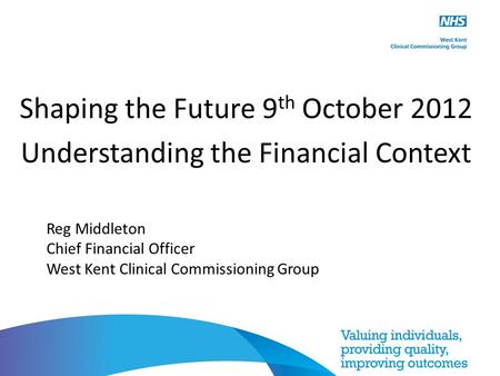 Shaping the Future 9 th October 2012 Understanding the Financial Context Reg Middleton Chief Financial Officer West Kent Clinical Commissioning Group.