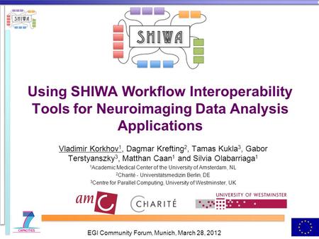 Using SHIWA Workflow Interoperability Tools for Neuroimaging Data Analysis Applications Vladimir Korkhov 1, Dagmar Krefting 2, Tamas Kukla 3, Gabor Terstyanszky.