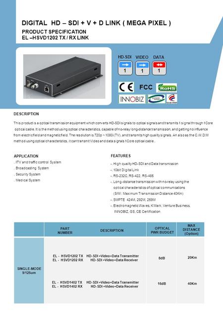 PRODUCT SPECIFICATION EL –HSVD1202 TX / RX LINK DIGITAL HD – SDI + V + D LINK ( MEGA PIXEL ) HD-SDI FCC PART NUMBER DESCRIPTION OPTICAL PWR BUDGET MAX.